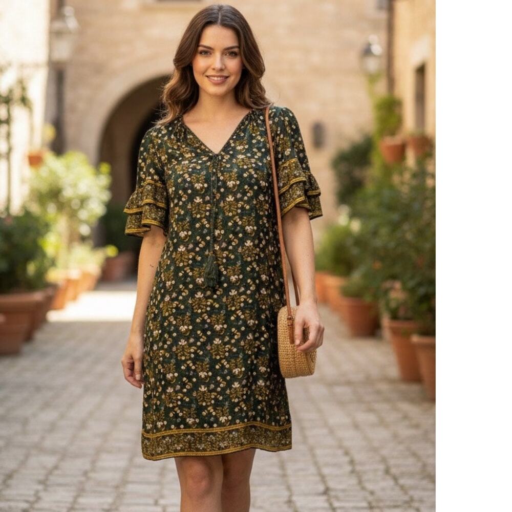 NWT Chelsea and Violet Floral Boho Tassel Tie V-Neck Shift Dress